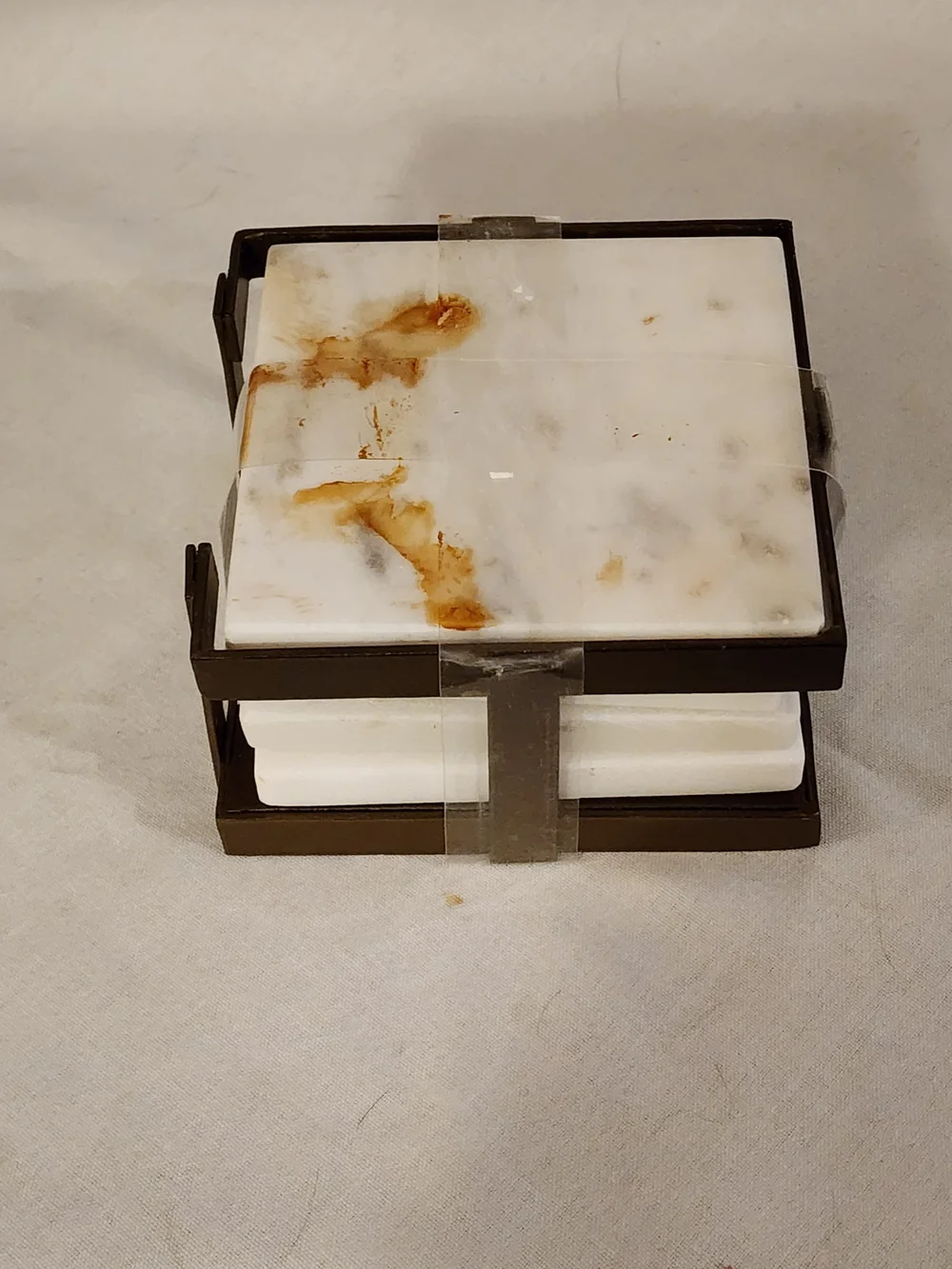 White Marble Coaster Set (4) with Brown Holder